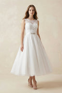 Illusion Neck A - Line Tulle Appliqued Midi Wedding Dress With Bow in White - KissProm Wedding Dresses
