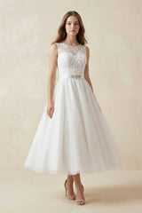 Illusion Neck A - Line Tulle Appliqued Midi Wedding Dress With Bow in White - KissProm Wedding Dresses
