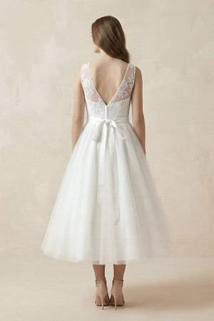 Illusion Neck A - Line Tulle Appliqued Midi Wedding Dress With Bow in White - KissProm Wedding Dresses