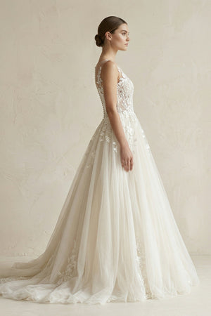 Illusion Neck Appliqued Tulle Wedding Gown in White - KissProm Wedding Dresses