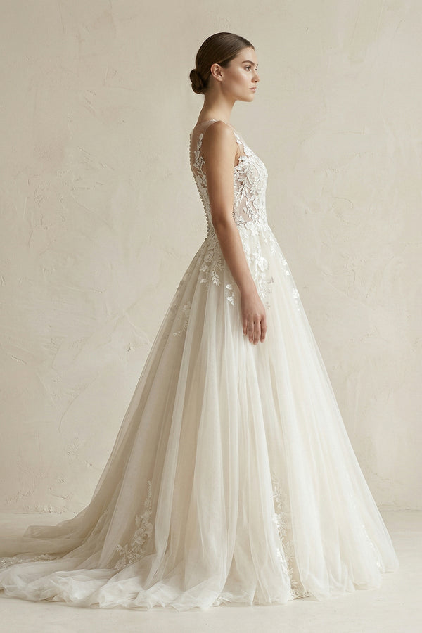 Illusion Neck Appliqued Tulle Wedding Gown in White - KissProm Wedding Dresses