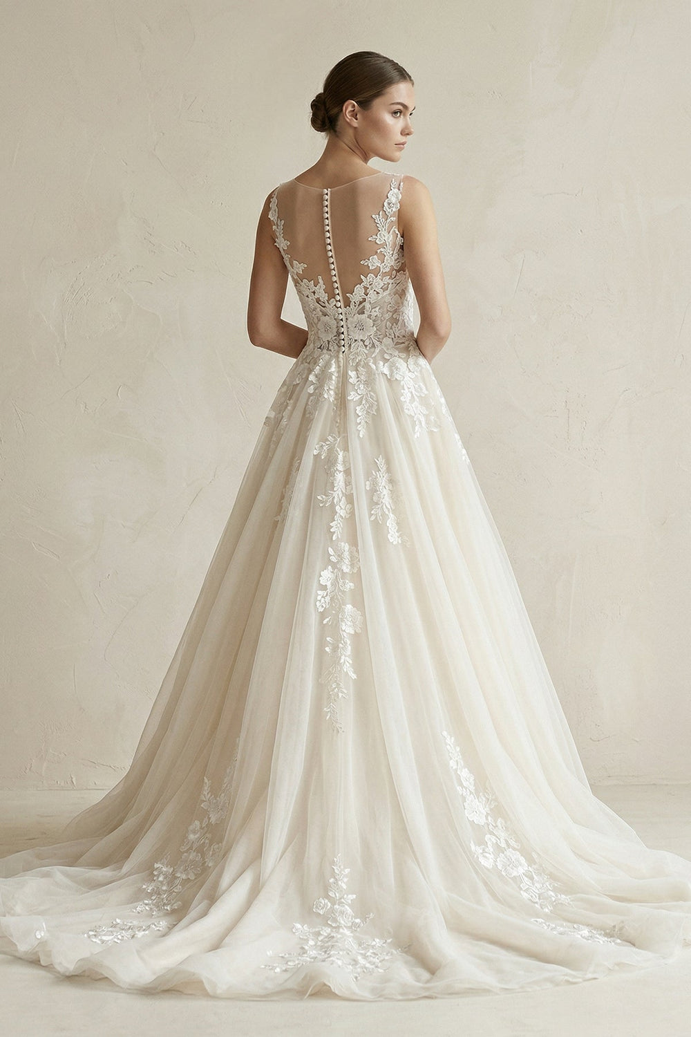 Illusion Neck Appliqued Tulle Wedding Gown in White - KissProm Wedding Dresses