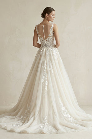 Illusion Neck Appliqued Tulle Wedding Gown in White - KissProm Wedding Dresses