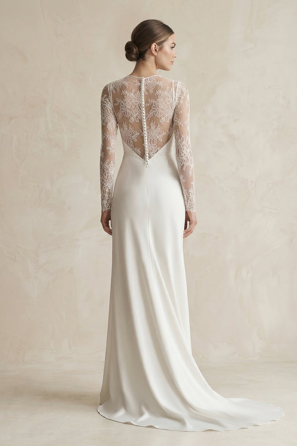 Illusion Neck Sheath Satin Appliqued Wedding Dress in White - KissProm Wedding Dresses