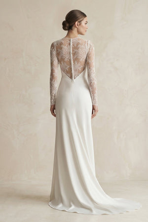 Illusion Neck Sheath Satin Appliqued Wedding Dress in White - KissProm Wedding Dresses