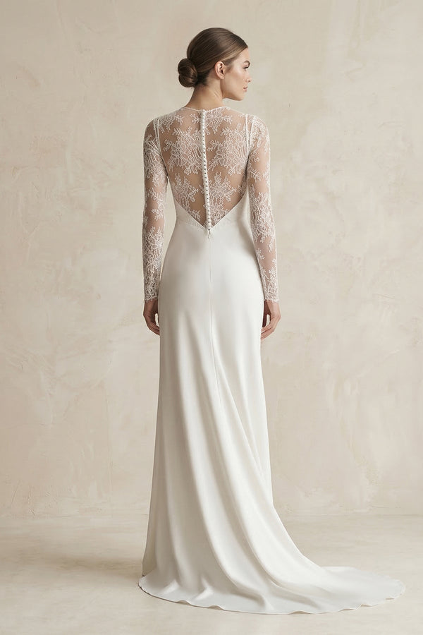 Illusion Neck Sheath Satin Appliqued Wedding Dress in White - KissProm Wedding Dresses