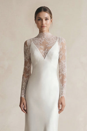 Illusion Neck Sheath Satin Appliqued Wedding Dress in White - KissProm Wedding Dresses