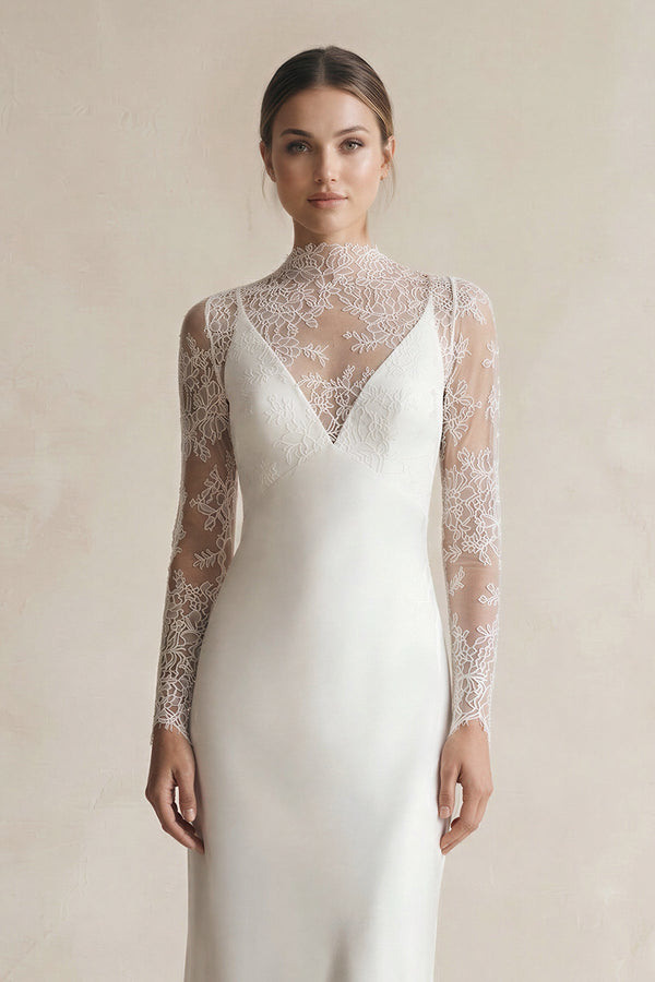 Illusion Neck Sheath Satin Appliqued Wedding Dress in White - KissProm Wedding Dresses