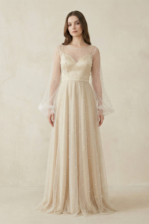 Illusion Neck Tulle A - Line Long Sleeve Wedding Dress With Pearl in White - Nude - KissProm Wedding Dresses