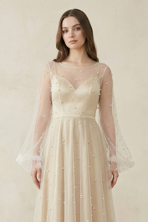 Illusion Neck Tulle A - Line Long Sleeve Wedding Dress With Pearl in White - Nude - KissProm Wedding Dresses