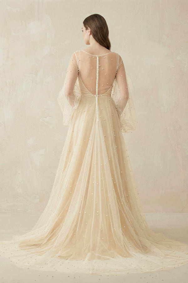 KissProm Illusion Neck Tulle A-Line Long Sleeve Wedding Dress With Pearl in White-Nude, White-Nude / 12