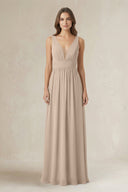 Illusion V - Neck A - Line Ruched Bridesmaid Dress in Almond - KissProm Bridesmaid Dresses