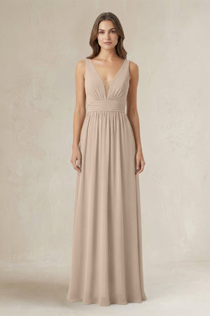 Illusion V - Neck A - Line Ruched Bridesmaid Dress in Almond - KissProm Bridesmaid Dresses