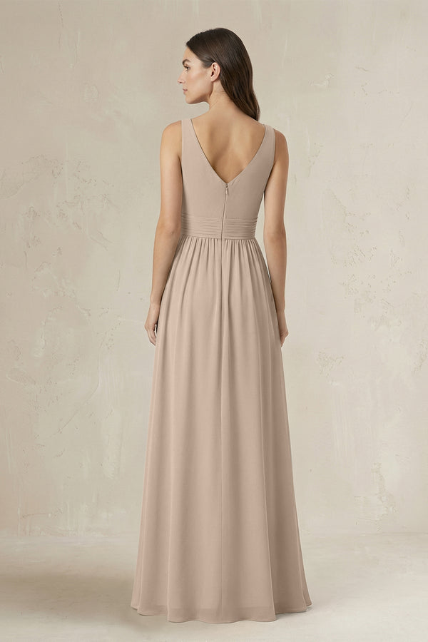 Illusion V - Neck A - Line Ruched Bridesmaid Dress in Almond - KissProm Bridesmaid Dresses