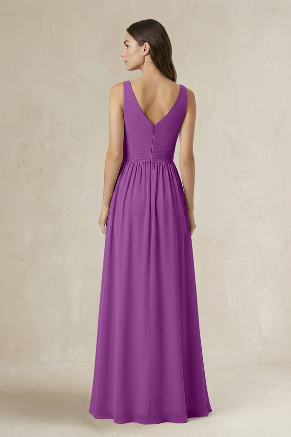Illusion V - Neck A - Line Ruched Bridesmaid Dress in Amethyst - KissProm Bridesmaid Dresses