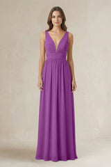 Illusion V - Neck A - Line Ruched Bridesmaid Dress in Amethyst - KissProm Bridesmaid Dresses
