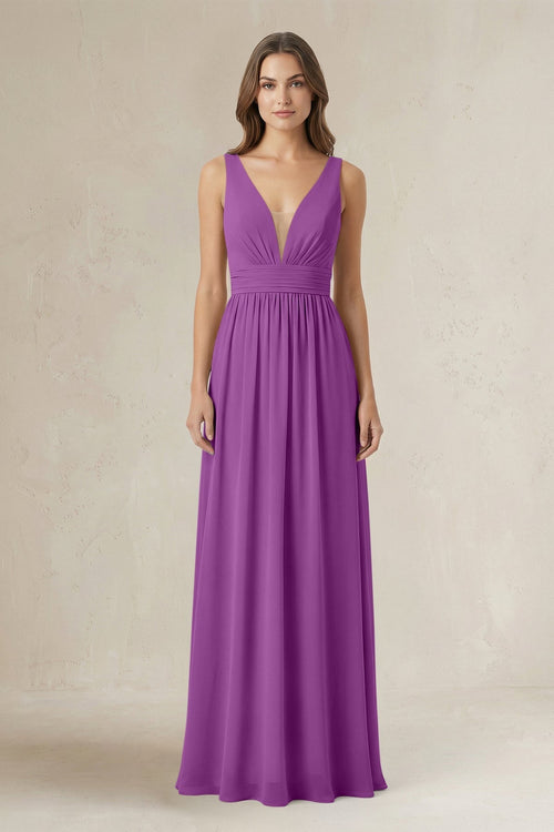 Illusion V - Neck A - Line Ruched Bridesmaid Dress in Amethyst - KissProm Bridesmaid Dresses