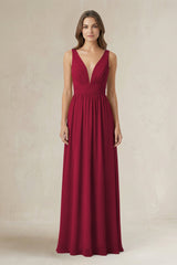 Illusion V - Neck A - Line Ruched Bridesmaid Dress in Berry - KissProm Bridesmaid Dresses