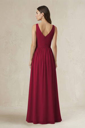 Illusion V - Neck A - Line Ruched Bridesmaid Dress in Berry - KissProm Bridesmaid Dresses