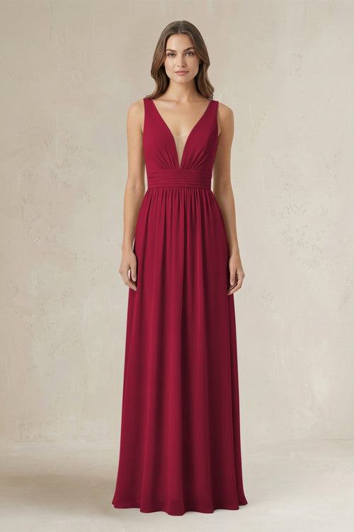 Illusion V - Neck A - Line Ruched Bridesmaid Dress in Berry - KissProm Bridesmaid Dresses