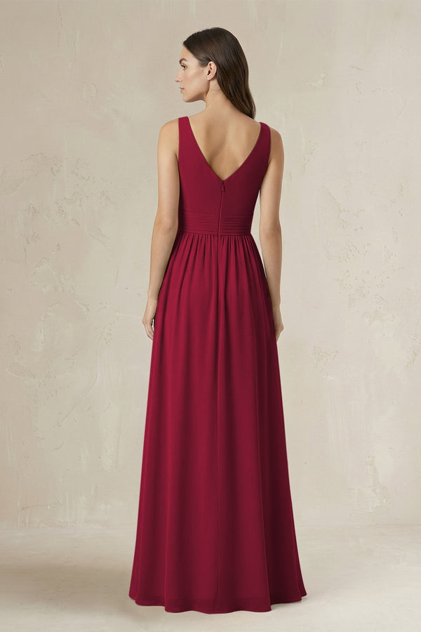 Illusion V - Neck A - Line Ruched Bridesmaid Dress in Berry - KissProm Bridesmaid Dresses