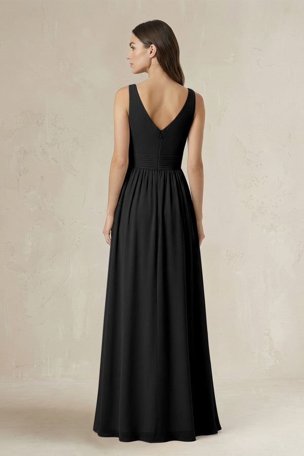 Illusion V - Neck A - Line Ruched Bridesmaid Dress in Black - KissProm Bridesmaid Dresses