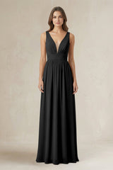 Illusion V - Neck A - Line Ruched Bridesmaid Dress in Black - KissProm Bridesmaid Dresses