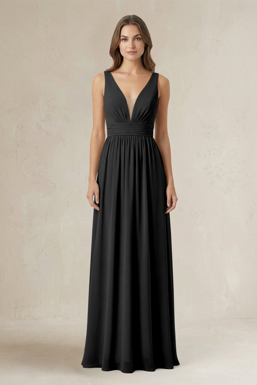 Illusion V - Neck A - Line Ruched Bridesmaid Dress in Black - KissProm Bridesmaid Dresses