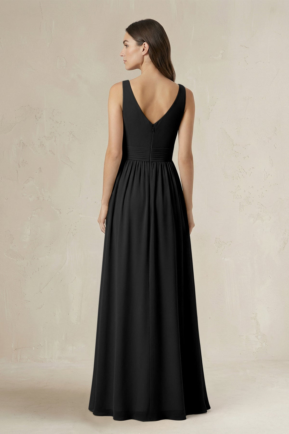 Illusion V - Neck A - Line Ruched Bridesmaid Dress in Black - KissProm Bridesmaid Dresses