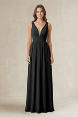 Illusion V - Neck A - Line Ruched Bridesmaid Dress in Black - KissProm Bridesmaid Dresses