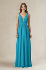 Illusion V - Neck A - Line Ruched Bridesmaid Dress in Blue Jay - KissProm Bridesmaid Dresses