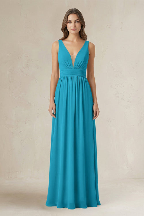 Illusion V - Neck A - Line Ruched Bridesmaid Dress in Blue Jay - KissProm Bridesmaid Dresses