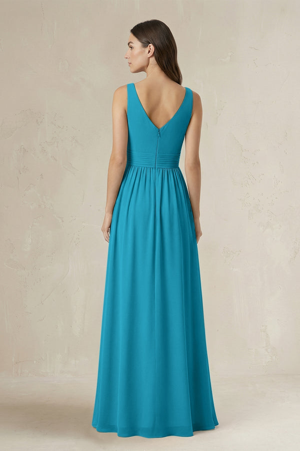Illusion V - Neck A - Line Ruched Bridesmaid Dress in Blue Jay - KissProm Bridesmaid Dresses