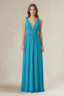 Illusion V - Neck A - Line Ruched Bridesmaid Dress in Blue Jay - KissProm Bridesmaid Dresses