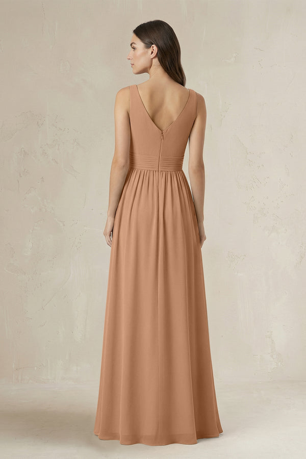 Illusion V - Neck A - Line Ruched Bridesmaid Dress in Bronzer - KissProm Bridesmaid Dresses