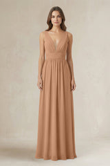 Illusion V - Neck A - Line Ruched Bridesmaid Dress in Bronzer - KissProm Bridesmaid Dresses