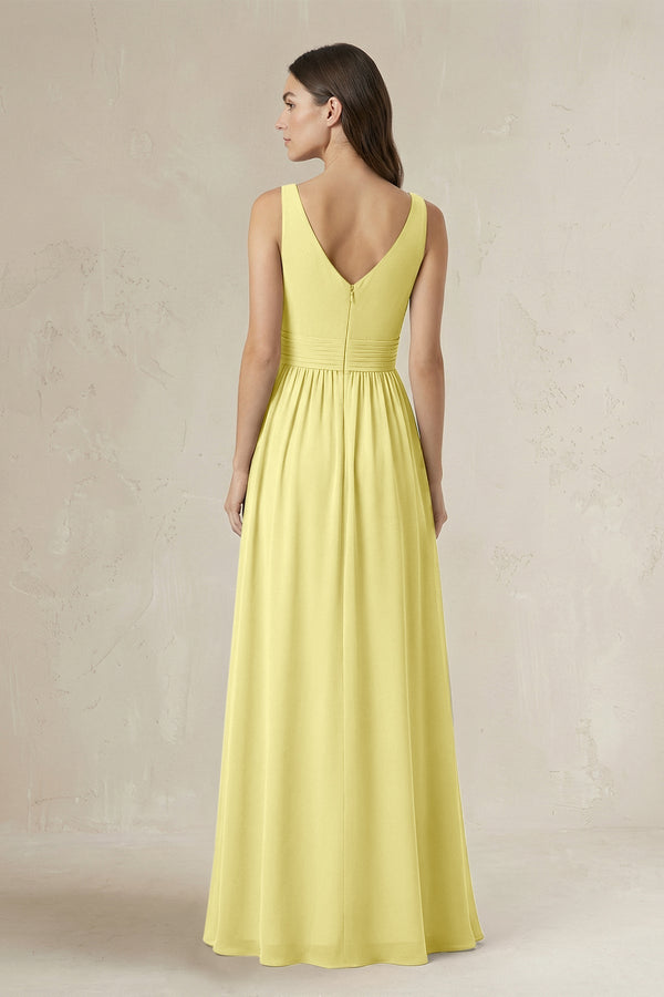Illusion V - Neck A - Line Ruched Bridesmaid Dress in Buttercup - KissProm Bridesmaid Dresses