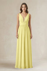 Illusion V - Neck A - Line Ruched Bridesmaid Dress in Buttercup - KissProm Bridesmaid Dresses