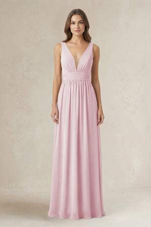 Illusion V - Neck A - Line Ruched Bridesmaid Dress in Candy Pink - KissProm Bridesmaid Dresses