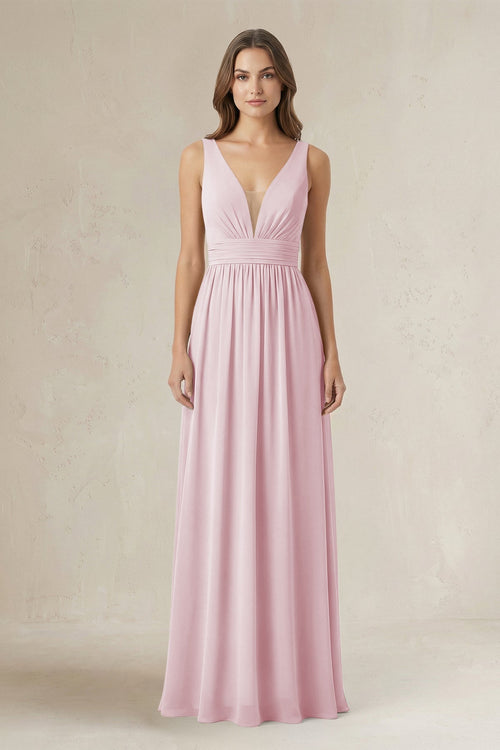Illusion V - Neck A - Line Ruched Bridesmaid Dress in Candy Pink - KissProm Bridesmaid Dresses