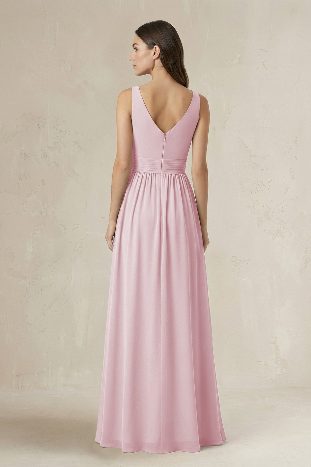 Illusion V - Neck A - Line Ruched Bridesmaid Dress in Candy Pink - KissProm Bridesmaid Dresses