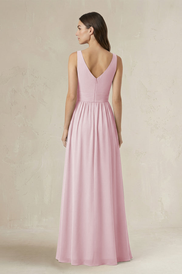 Illusion V - Neck A - Line Ruched Bridesmaid Dress in Candy Pink - KissProm Bridesmaid Dresses