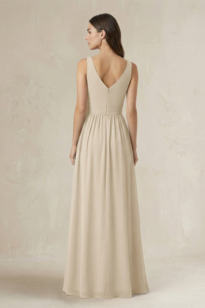 Illusion V - Neck A - Line Ruched Bridesmaid Dress in Champagne - KissProm Bridesmaid Dresses