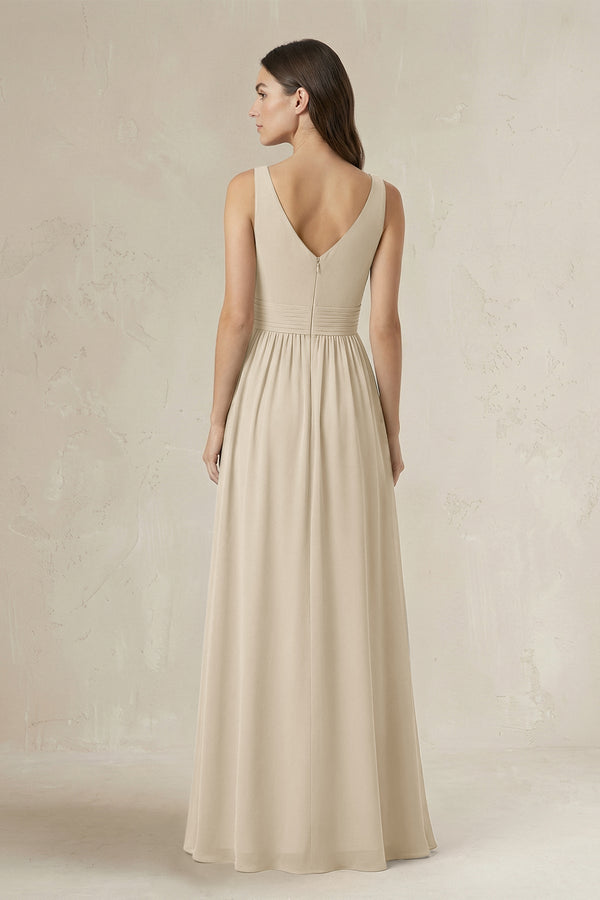 Illusion V - Neck A - Line Ruched Bridesmaid Dress in Champagne - KissProm Bridesmaid Dresses