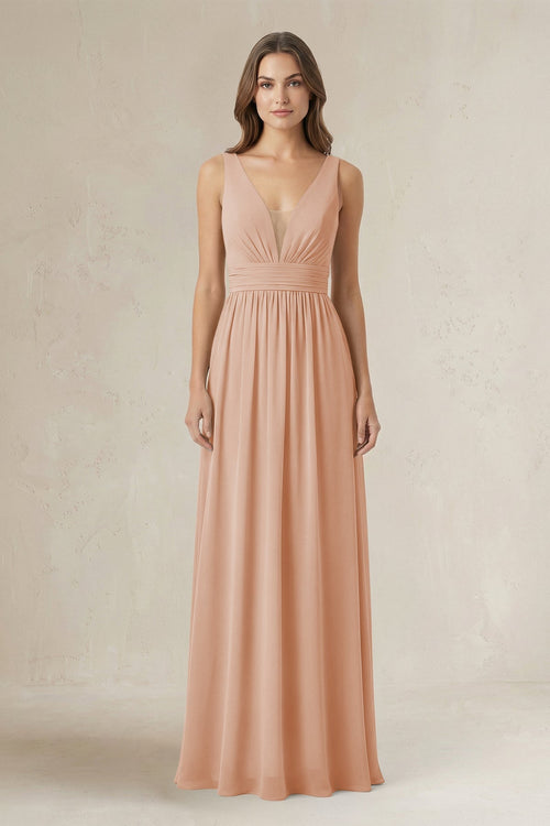 Illusion V - Neck A - Line Ruched Bridesmaid Dress in Champagne Rose - KissProm Bridesmaid Dresses