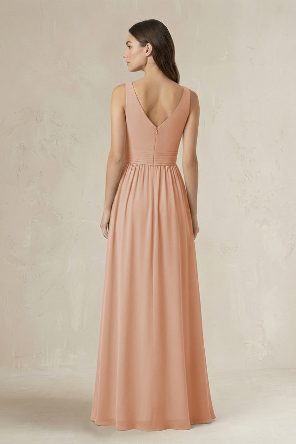 Illusion V - Neck A - Line Ruched Bridesmaid Dress in Champagne Rose - KissProm Bridesmaid Dresses