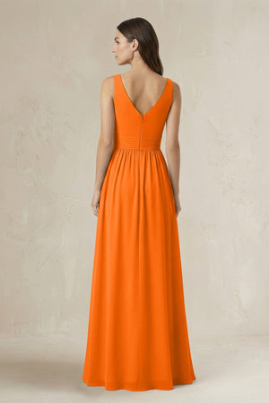 Illusion V - Neck A - Line Ruched Bridesmaid Dress in Cinnamon - KissProm Bridesmaid Dresses
