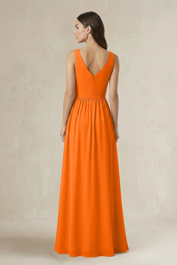 Illusion V - Neck A - Line Ruched Bridesmaid Dress in Cinnamon - KissProm Bridesmaid Dresses