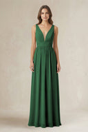 Illusion V - Neck A - Line Ruched Bridesmaid Dress in Dark Green - KissProm Bridesmaid Dresses