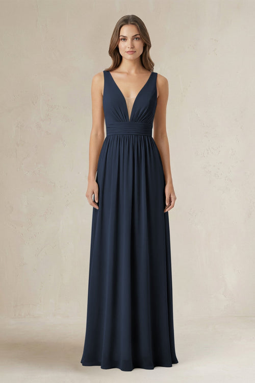 Illusion V - Neck A - Line Ruched Bridesmaid Dress in Dark Navy - KissProm Bridesmaid Dresses